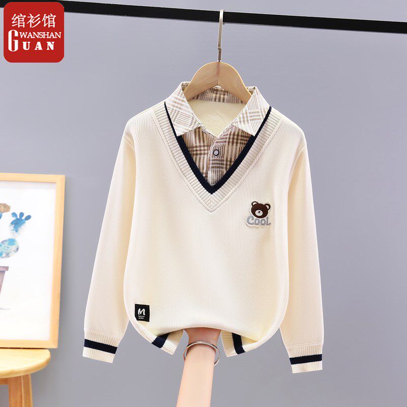 男童带领2025新款春秋儿童衬衫领卫衣男孩长袖t恤假两件春装上衣