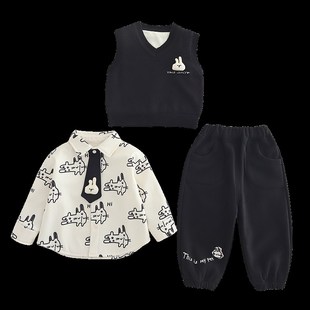 宝宝冬装加绒加厚套装男童洋气毛衣三件套秋冬婴儿童小孩外穿马甲