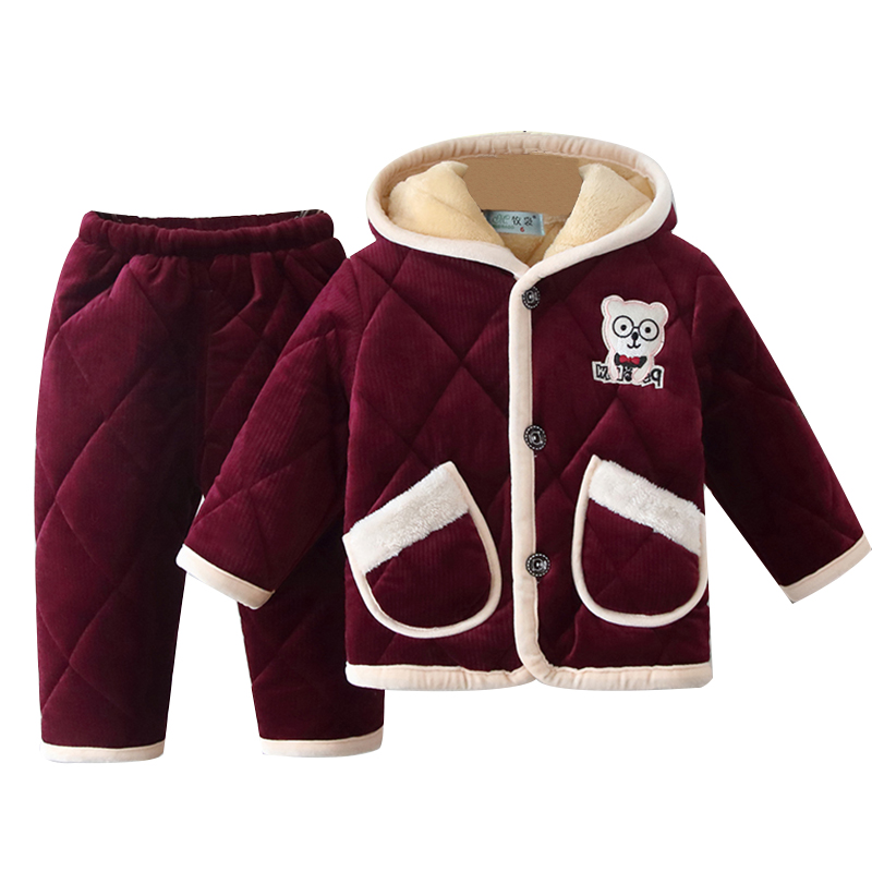 儿童睡衣冬季加厚款法兰绒宝宝连帽套装男孩女童夹棉珊瑚绒家居服