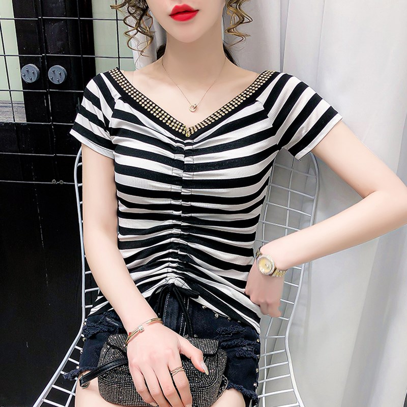 时尚抽绳V领T恤女短袖夏装2024新款性感一字肩上衣洋气高腰小衫潮