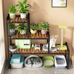 阳台多功能猫爬架猫砂盆置物架猫咪铁艺花架实木大空间梯形收纳架