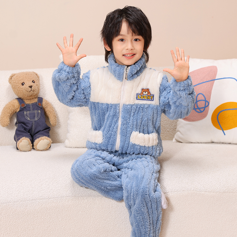 儿童珊瑚绒睡衣2023新款秋冬季男童女孩加厚开衫法兰绒家居服套装