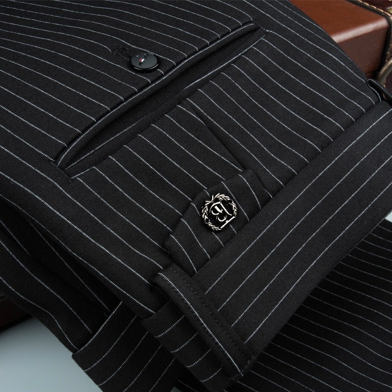 晴旭男士休闲裤修身男裤直筒弹力商务男装秋季针织黑色条纹裤子男