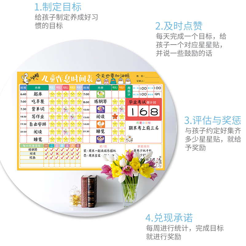 每日作息时间管理表儿童成长自律表打卡奖励墙贴家庭暑假暑期周计