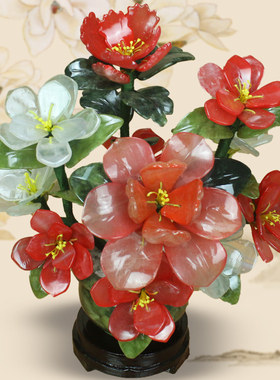 新中式玉石牡丹花摆件家居装饰品玉雕客厅玄关展柜桌面摆件送礼品