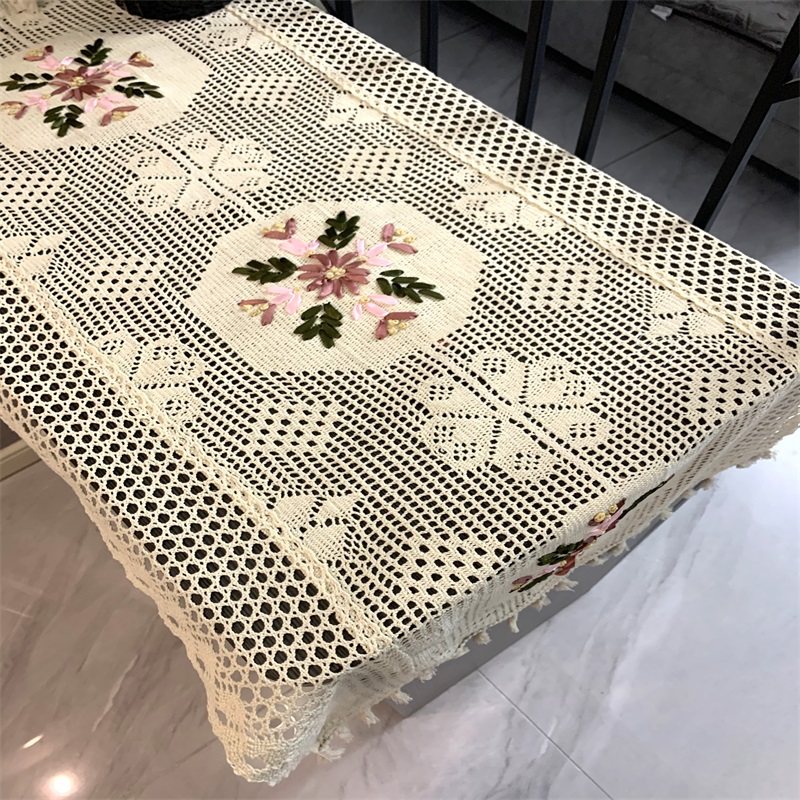 美式乡村桌旗镂空丝带绣棉线钩针蕾丝桌布森系电视柜茶几盖巾北欧