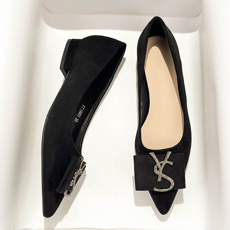 法式气质水钻绒面黑色职业工作平底鞋女尖头2025年新款夏浅口单鞋