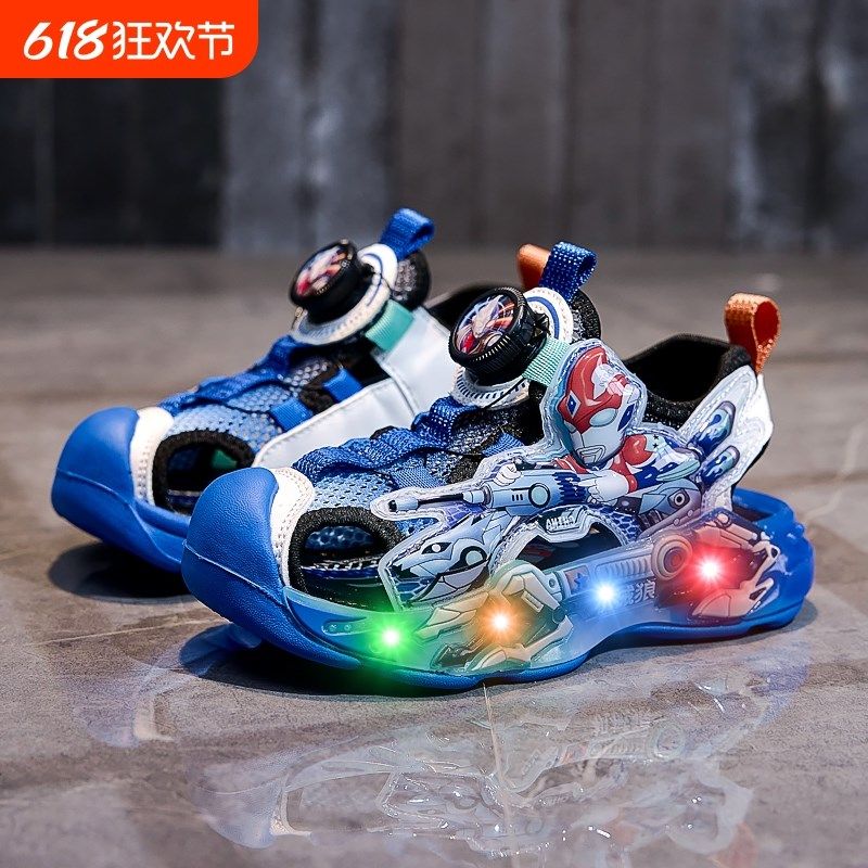 2025年新款夏季机械狼男孩亮灯凉D鞋儿童发光纽扣男童透气运动凉,童鞋/婴儿鞋/亲子鞋,凉鞋,淘宝优惠券,粉丝福利购,淘宝优惠卷