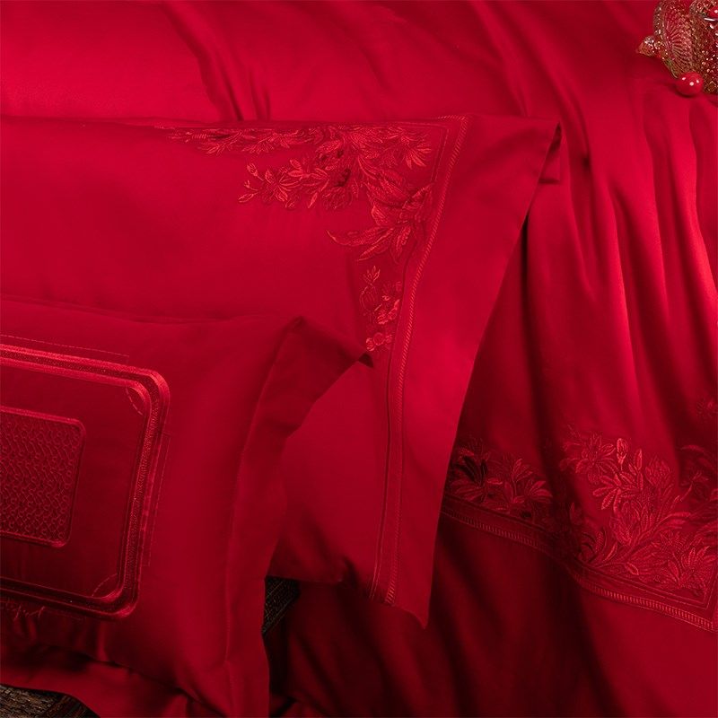 新中式大a红色床上用品长绒棉结婚刺绣床单陪嫁四件套简约喜被,床上用品,婚庆床品套件,淘宝优惠券,粉丝福利购,淘宝优惠卷