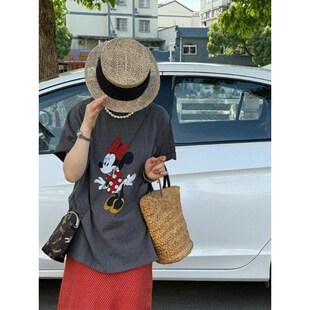 2025夏季爆款韩版休闲显瘦B慵懒风卡通米妮印花深灰色T恤女