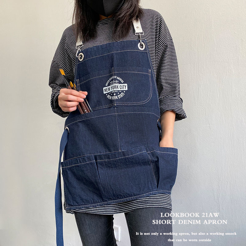 半身牛仔围裙定制LOGO西餐厅烘焙蛋糕店短款服务员多X兜工作服罩