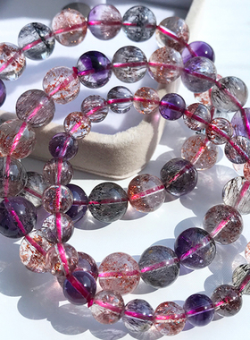 天然紫发晶手链男女款8-12mmA超级七三轮骨干彩发晶金草莓水晶手