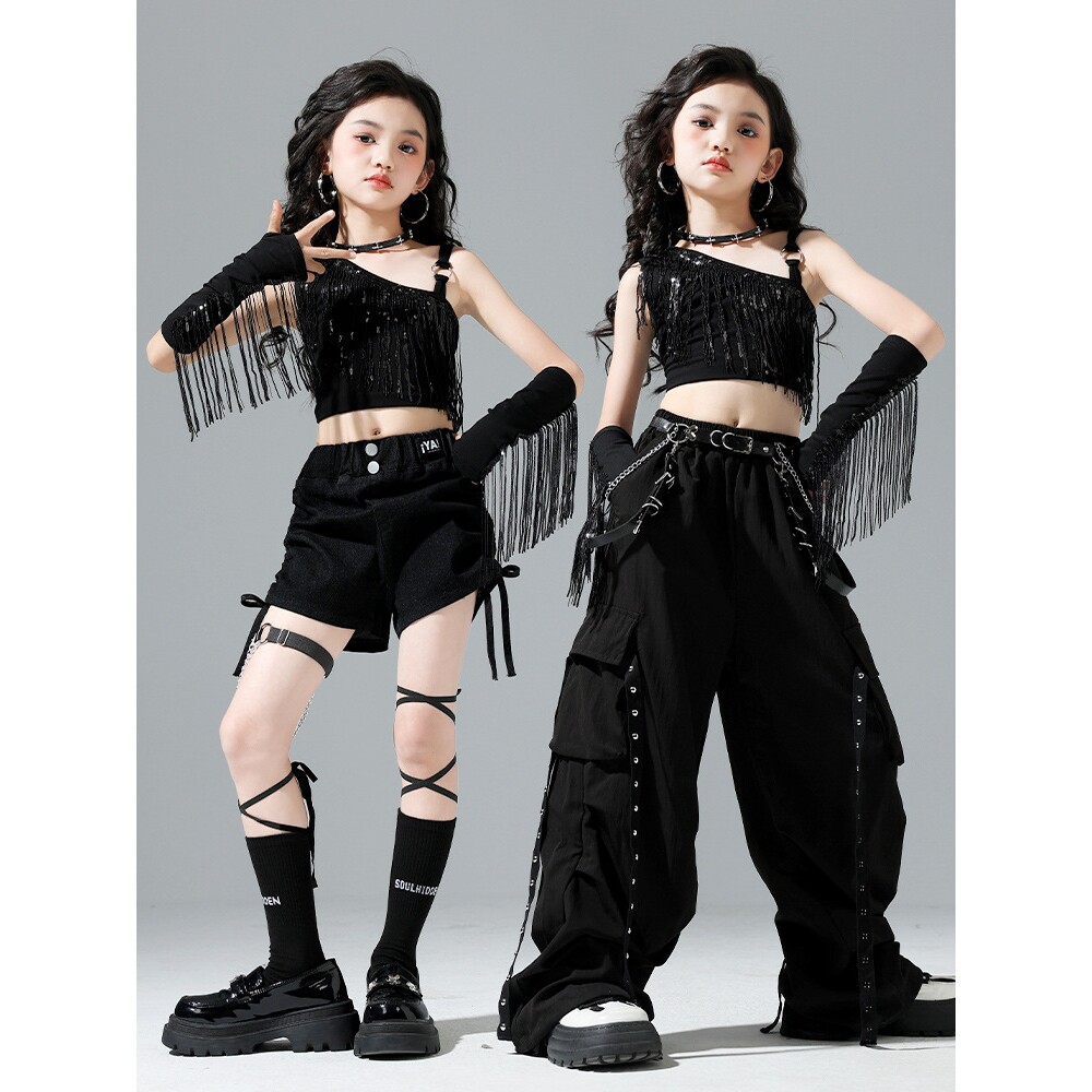 女童jazz爵士舞演出服女团露脐潮装街舞现代模特走秀练功流苏亮片