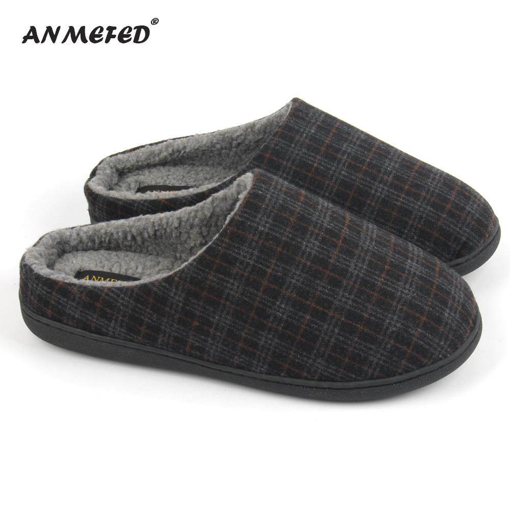 出口男士男士格子呢棉拖鞋秋冬保暖室内大码家居用防滑毛绒男冬天