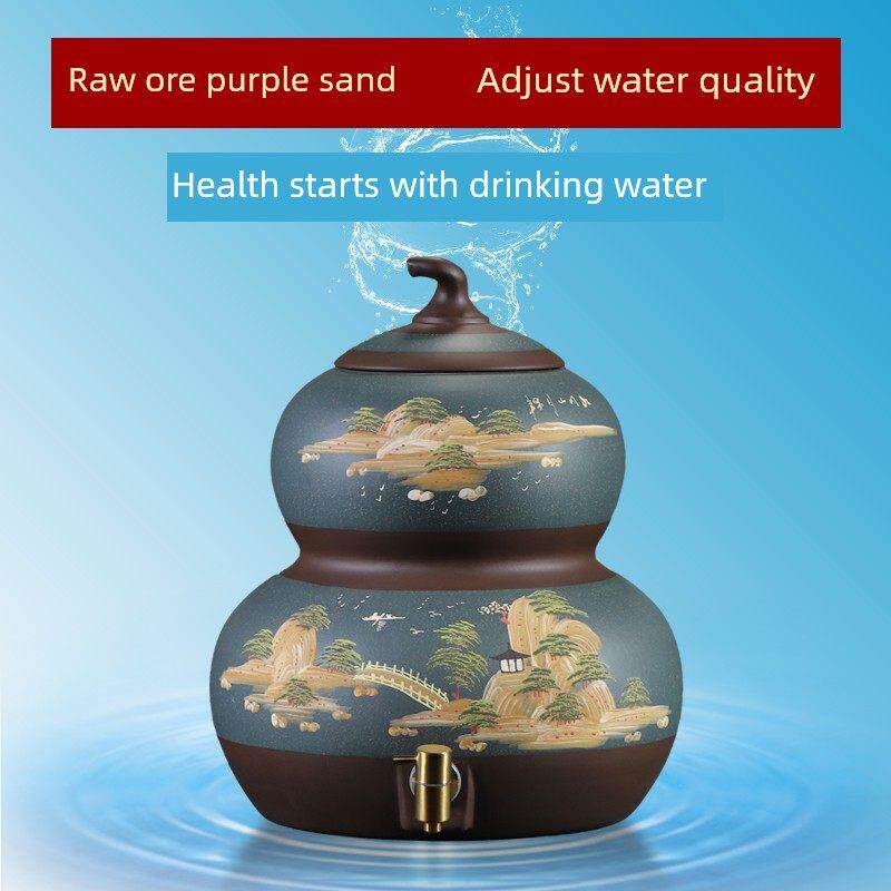宜兴原矿紫砂水缸带龙头家用抽水式茶桶陶瓷饮水缸储水罐净水器