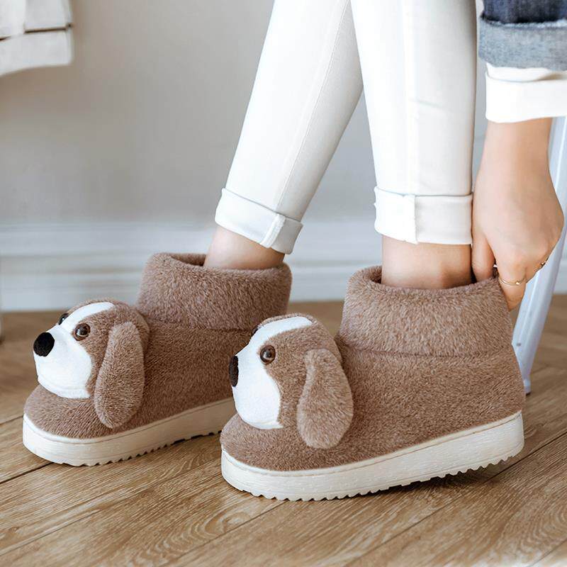 加绒加厚情侣冬季室内全包棉拖鞋女可爱学生带后跟卡通狗狗毛毛鞋