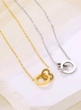 Anti Form高级时尚风双心镂空钛钢项链女小众设计简约款锁骨链
