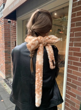 贵气千金感！浅棕色窄版小鹿纹理皮草围巾秋冬毛茸茸长款保暖围脖