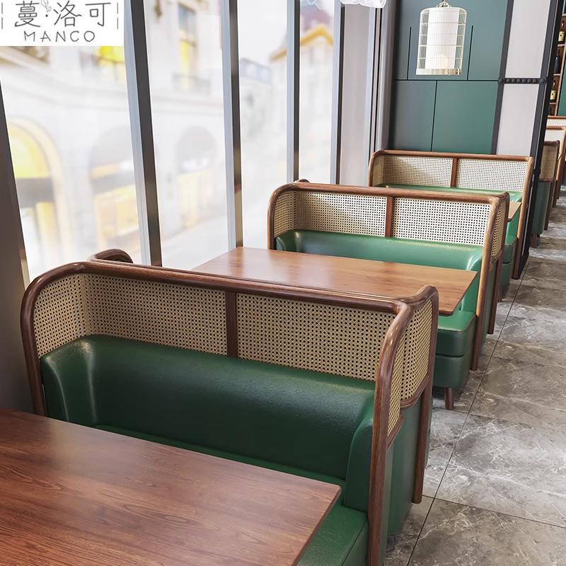 实木诧寂风编藤餐椅日式料理民宿美式清吧西餐厅卡座沙发桌椅组合