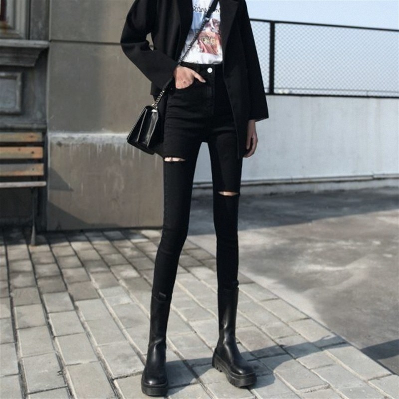 2023夏款黑色高腰裤子女潮显瘦百搭小个子紧身破洞九分小脚牛仔裤,女装/女士精品,牛仔裤,淘宝优惠券,粉丝福利购,淘宝优惠卷