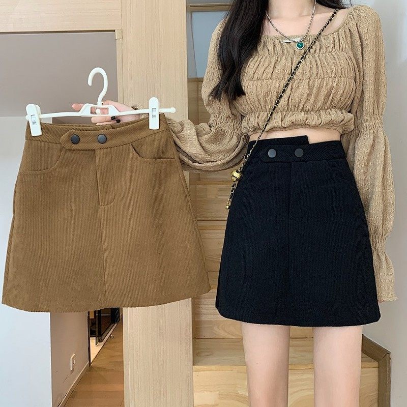 咖色灯芯绒半身裙小个子秋冬款显瘦A字裙大码复古口袋包臂裙短裙,女装/女士精品,半身裙,淘宝优惠券,粉丝福利购,淘宝优惠卷