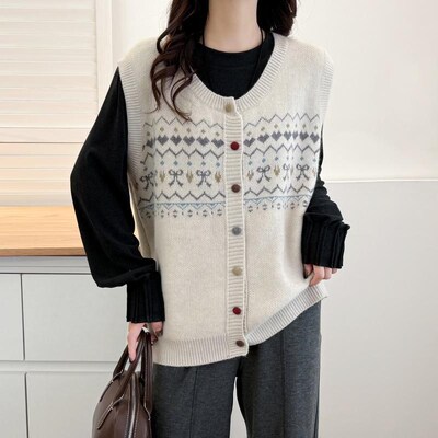 法式复古提花毛衣针织马甲背心女款新款大码春秋季外穿叠穿上衣