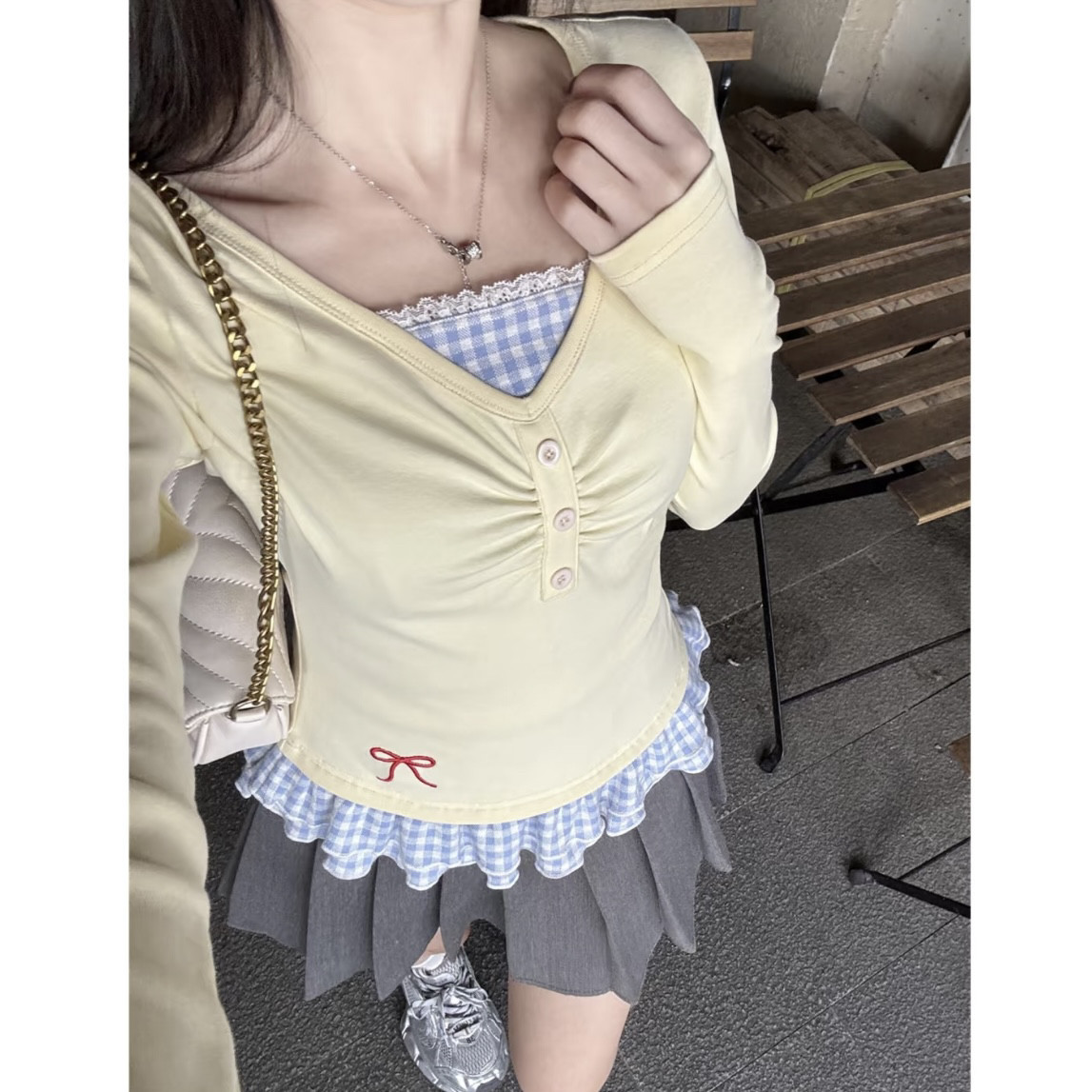 Silk·黄油起司～蓝黄格子假两件上衣女拼接温柔T恤长袖早秋甜美
