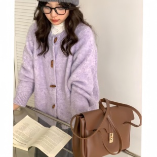 Silk·芋泥蛋糕～韩系慵懒风宽松显瘦圆领毛衣浅紫针织衫 2025秋冬