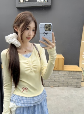 Silk·黄油起司～蓝黄格子假两件上衣拼接温柔T恤长袖春日小清新