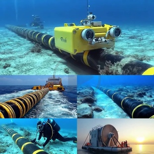 高清海底光缆铺设水下作业通信工程船机器人技术勘探资源视频素材