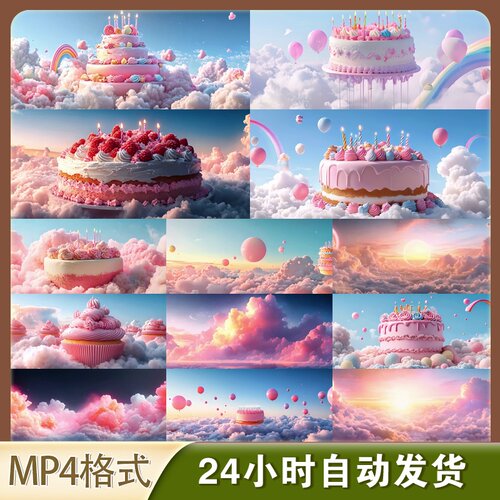 高清4k宽屏卡通云朵生日蛋糕气球合集快乐祝福梦幻庆典视频素材
