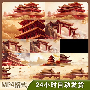 高清4k宽屏中国风古建筑楼阁云雾仙境山峰红色飞鸟祥云视频素材