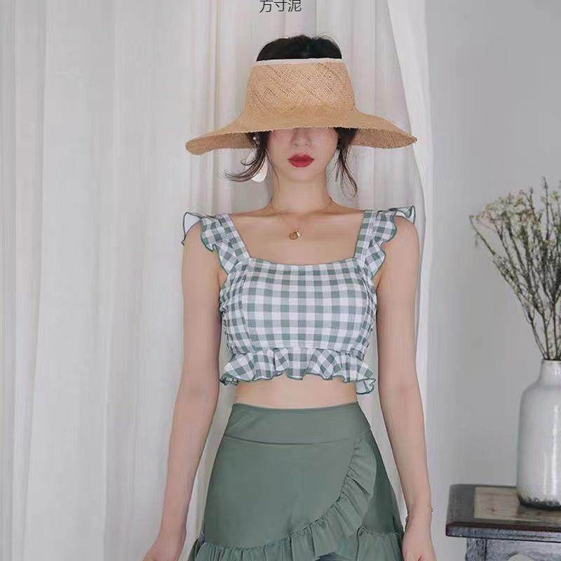 抹茶绿日系超仙少女分体泳衣复古格子甜美花边学生温泉度假泳装厂