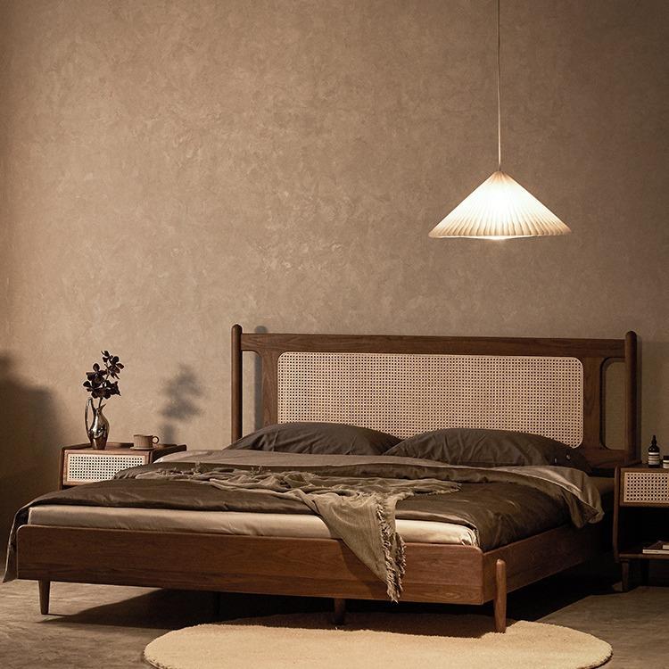 黑胡桃木实木藤编床日式复古软包单双人床小户型1.8米民宿原木床
