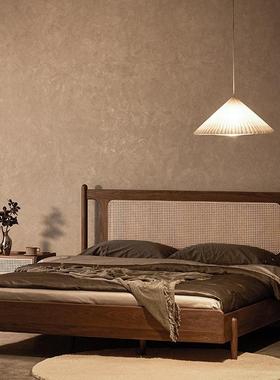 黑胡桃木实木藤编床日式复古软包单双人床小户型1.8米民宿原木床