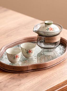 手绘桃花户外旅行茶具套装便携式陶瓷泡茶快客杯一壶二杯茶盘小型
