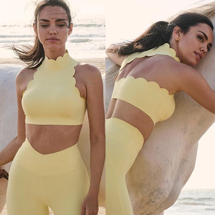 花边立领斜肩含胸垫无袖瑜伽背心V腰长裤瑜伽服健身套装女