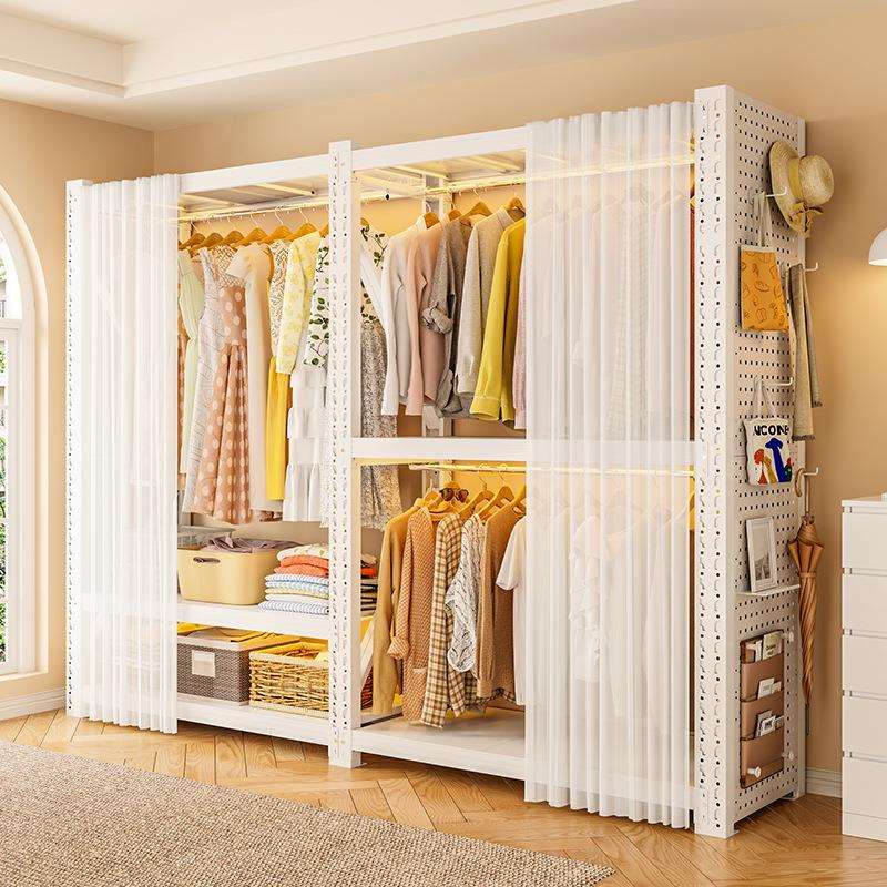 家用钢制衣架多层可调节带防尘帘挂衣架简易组装卧室衣橱置地货架