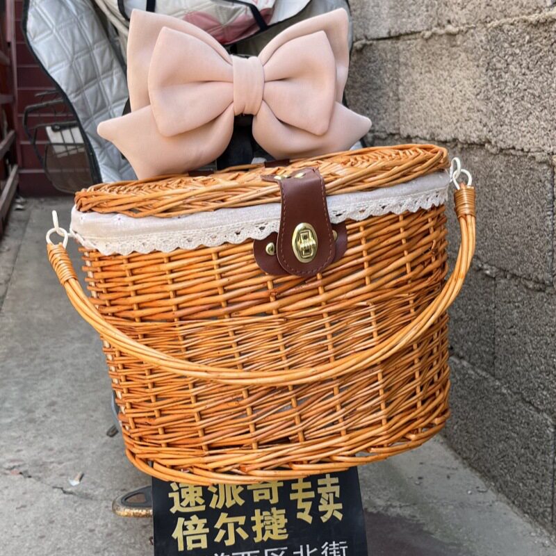 复古编织两用前车筐手提菜篮