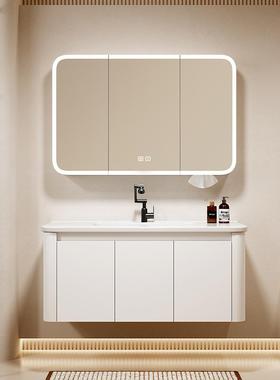 新款挂墙圆弧浴室柜组合卫生间洗手洗脸一体陶瓷盆洗漱台美妆智能