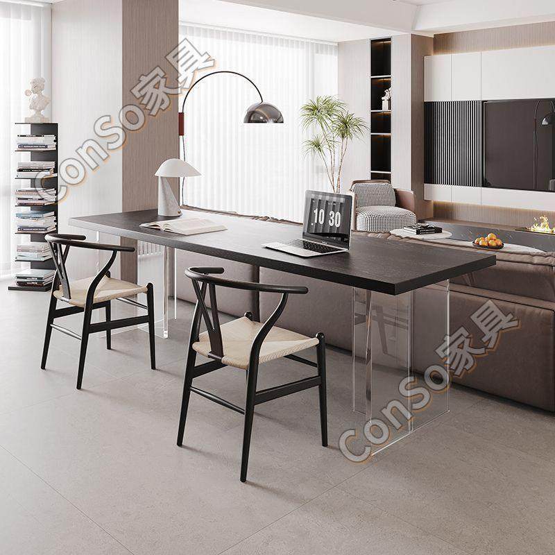 JGP1黑色实木书桌横沙发后长条桌亚克力悬浮双人学习桌极简桌子款