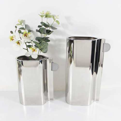 现代轻奢金属花瓶摆件琉璃样板房软装家居饰品皮质单耳不规则花器