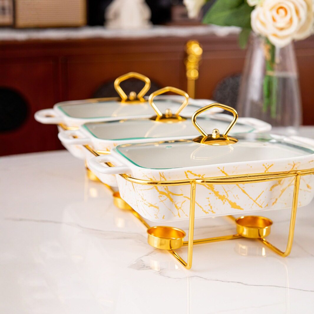 跨境casserole三格金色架子大理石纹陶瓷烤盘pot 3 pcs bake ware