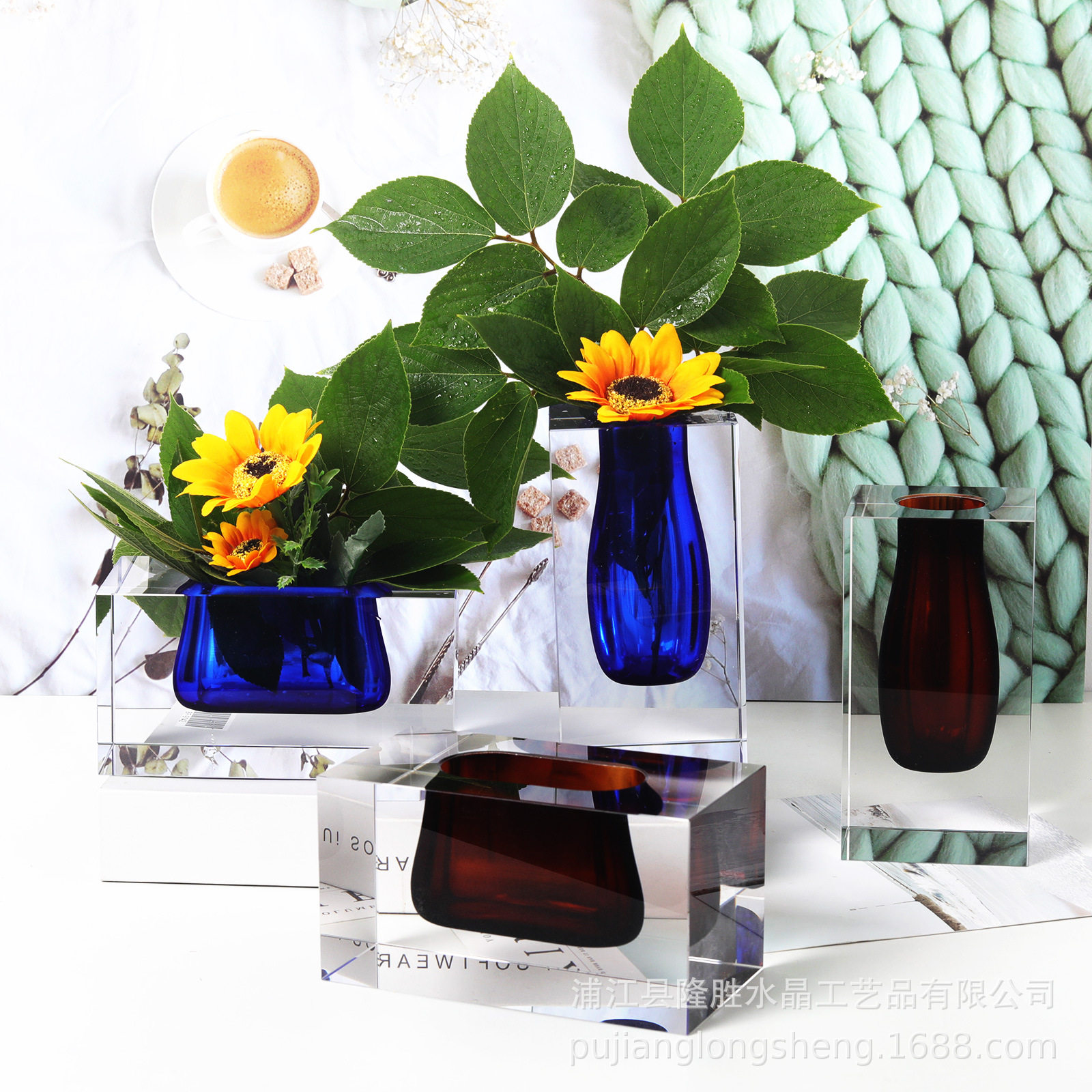 简约北欧风格摆件家居客厅花器长方横竖款彩蓝色茶色干花花插花瓶