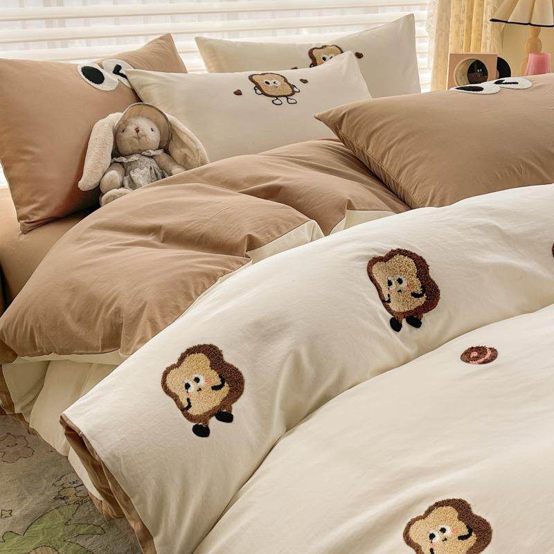 卡通纯棉床上四件套全棉水洗棉儿童可爱床品毛巾绣被套床单三件套