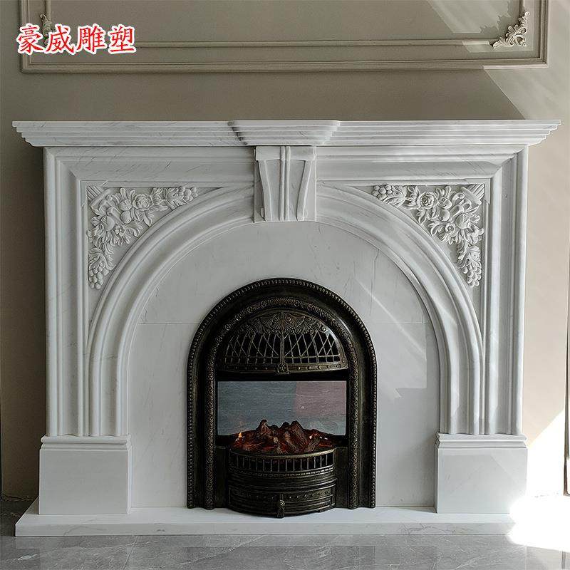 现货大理石法式汉白玉壁炉拱形浮雕欧式壁炉架装饰柜摆件石材壁炉