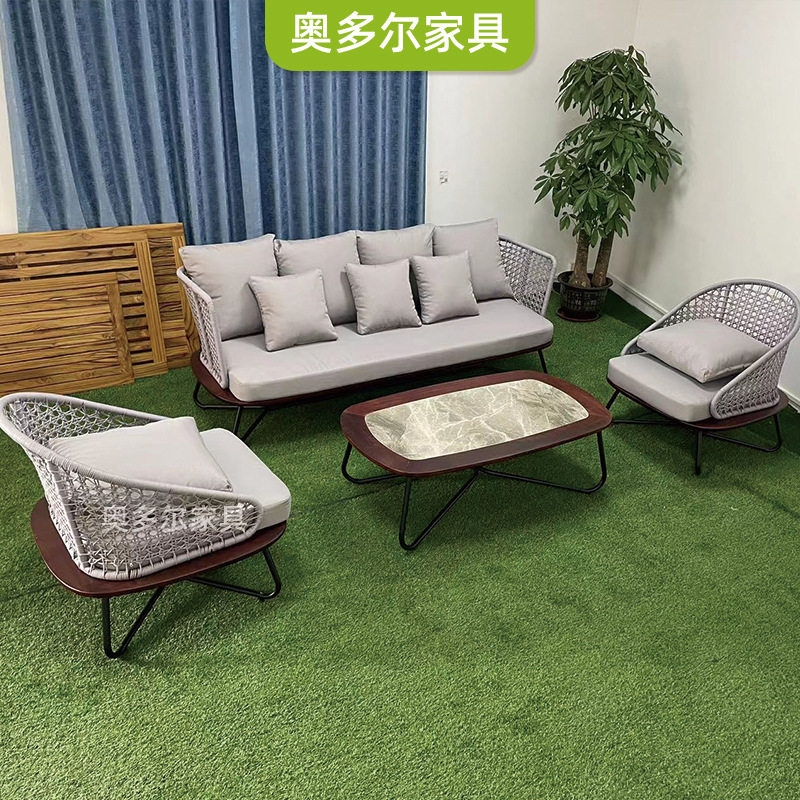 北欧户外实木沙发别墅藤椅沙发露天花园编织酒店室外柚木家具组合