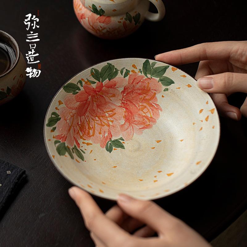 弥言釉下彩手绘牡丹壶承手工粗陶蓄水干泡盘家用圆形茶台茶道配件