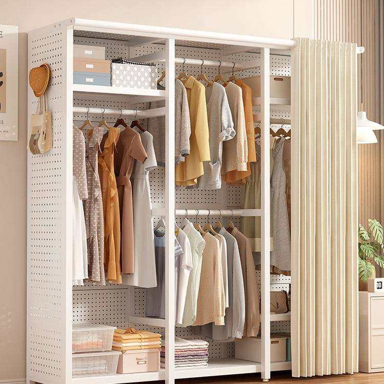 简易衣柜全包围洞洞板衣架大容量承重金属衣柜出租房防尘衣橱绢花