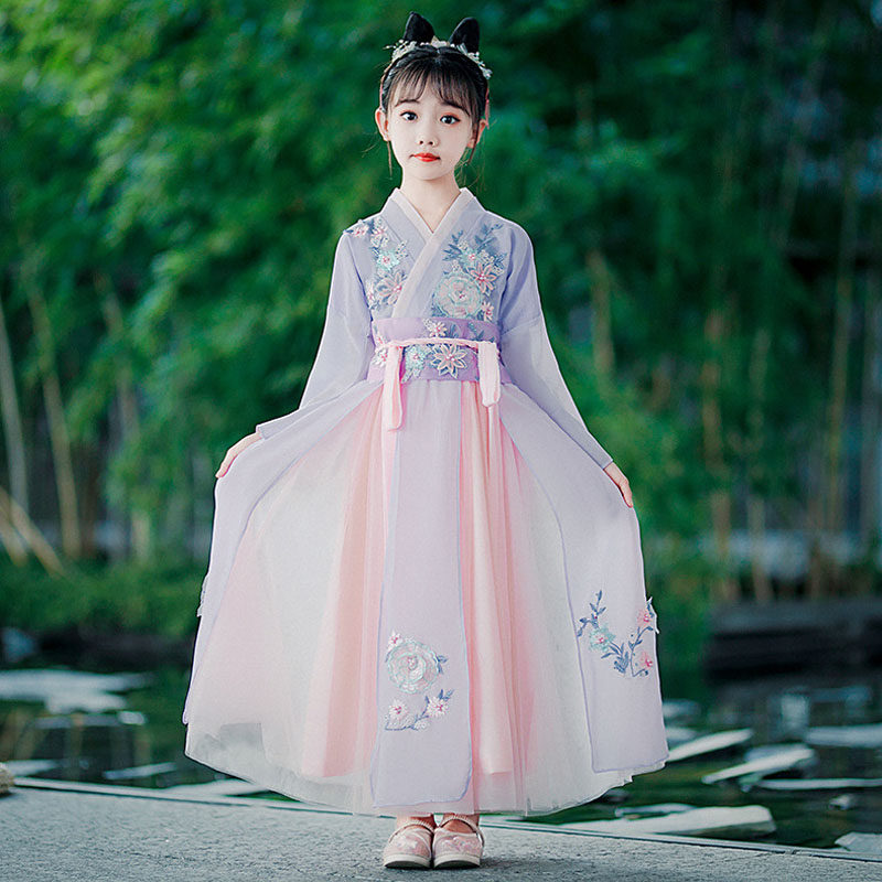 宋制广袖流仙裙女童民族风魏晋风汉服女孩中国风夏季新款连衣裙女
